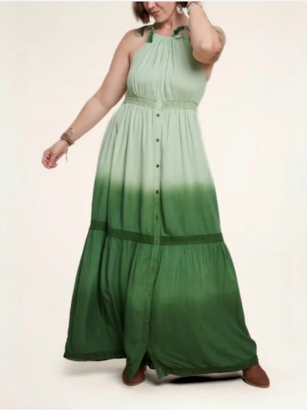Earthbound Trading Co. Green Ombre Maxi Dress with Button Front